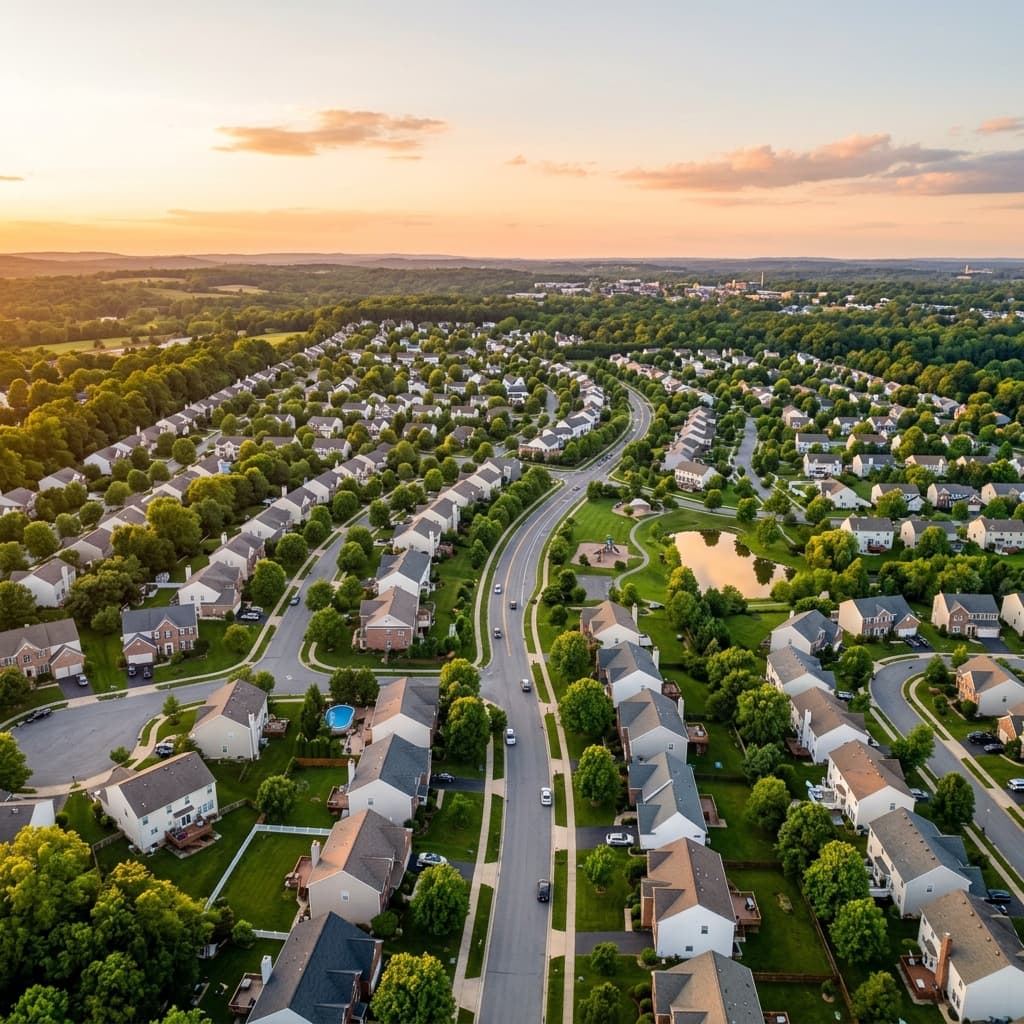 Aerial view of a suburban neighborhood